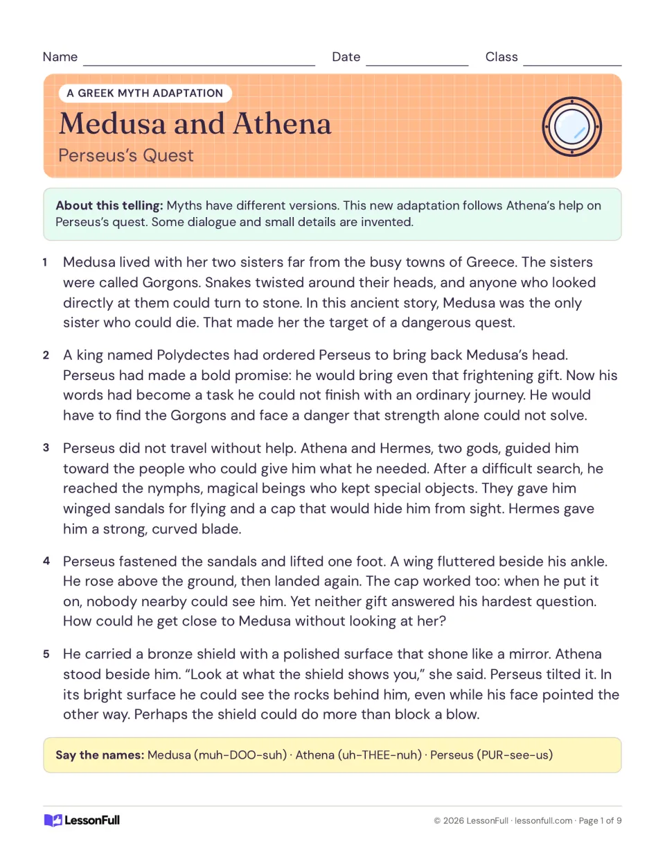 Greek myth adaptation, paragraphs 1 to 5: Perseus is sent for Medusa's head and gets winged sandals, cap and shield