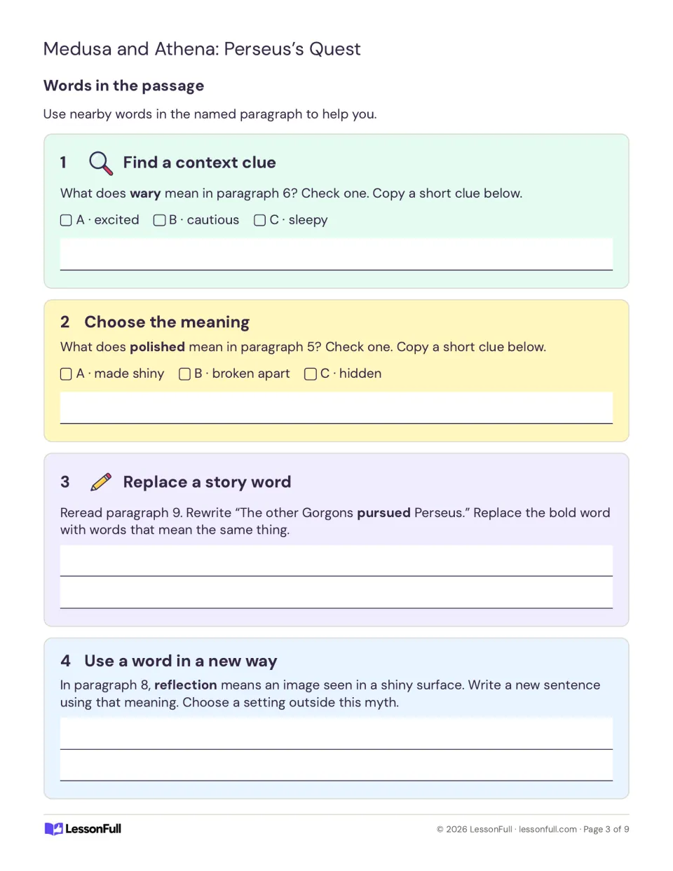 Words in the passage: students use context clues for wary and polished, replace pursued, and reuse reflection