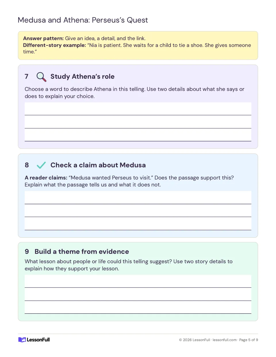 Evidence questions: describe Athena's role, test a claim that Medusa wanted a visit, and build a theme from details