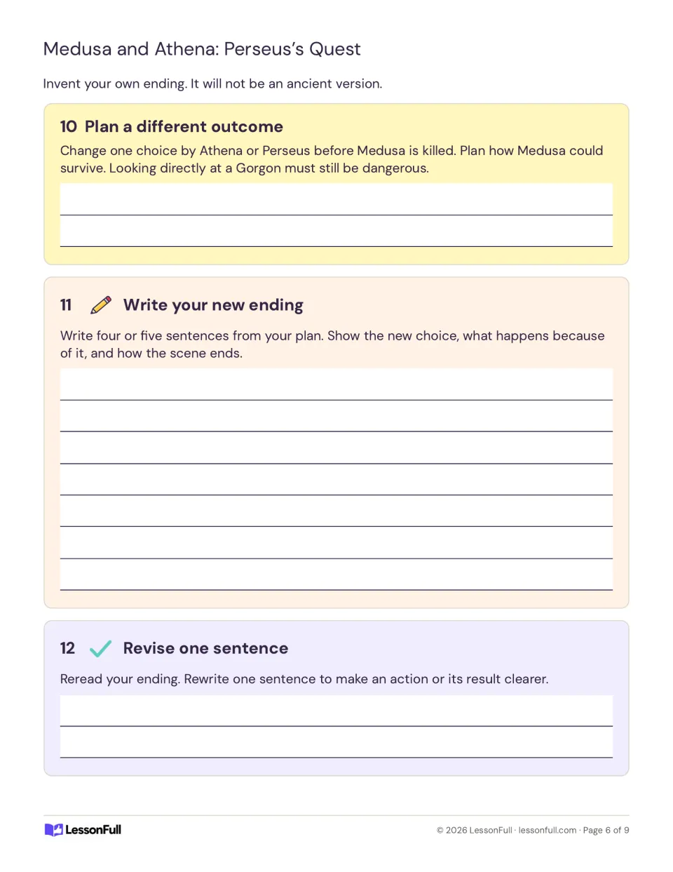 Creative writing: students plan a different outcome where Medusa survives, write a new ending, then revise a line