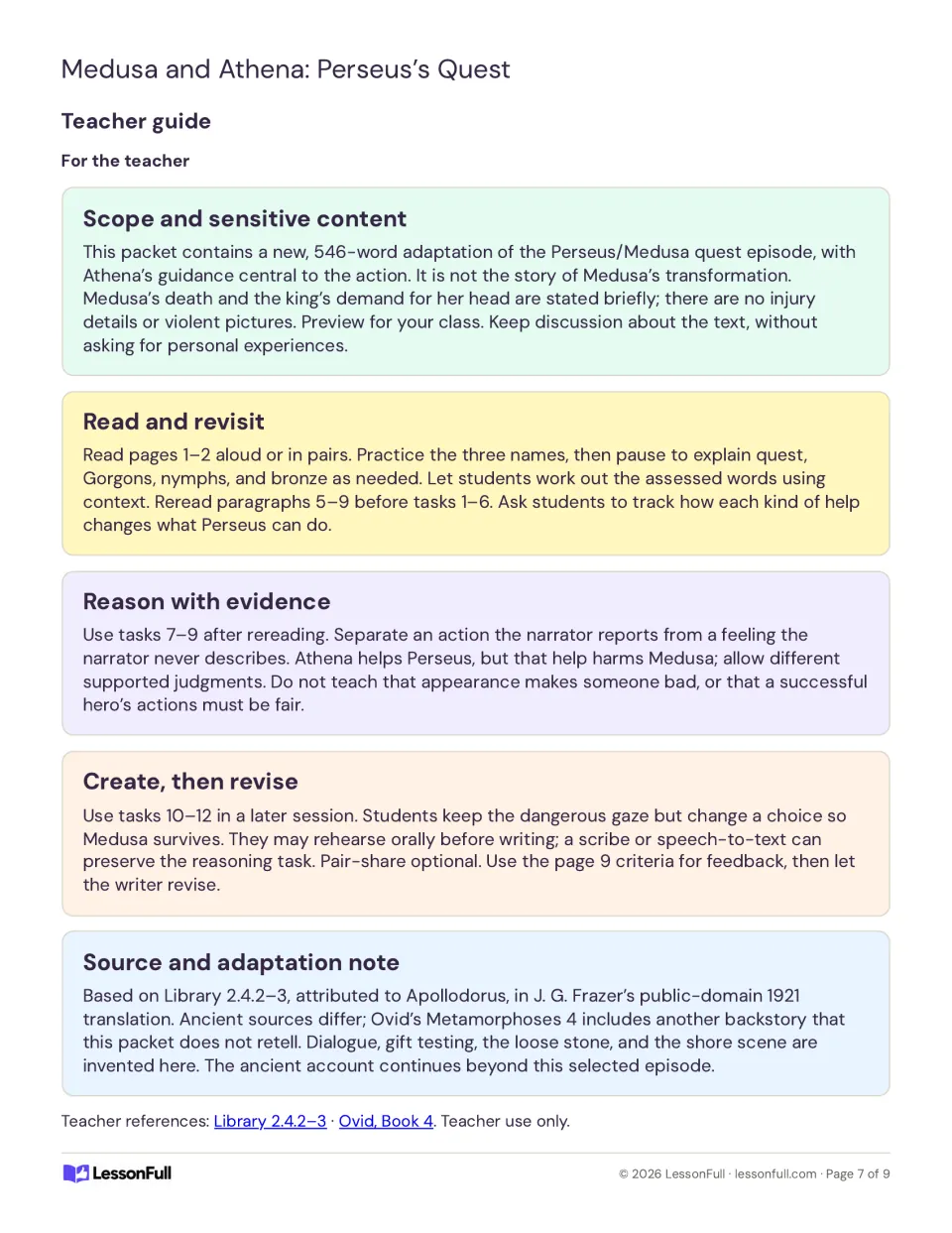 Teacher guide notes on sensitive content, rereading routines, evidence tasks, the writing task and myth sources