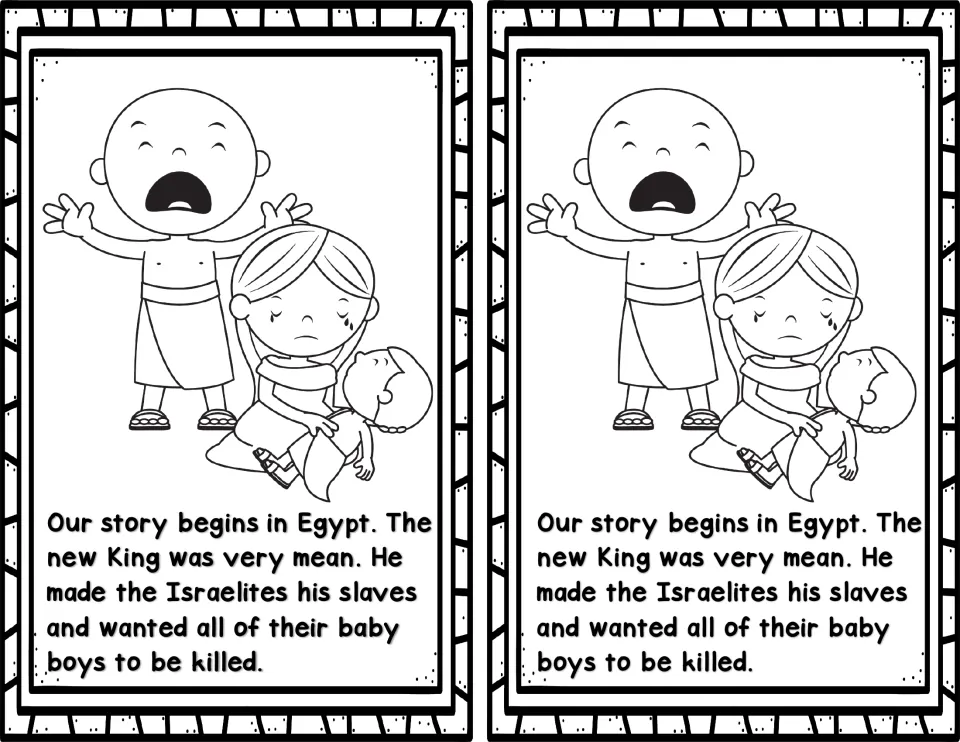 Moses reader story page 1: Egypt's new king enslaves the Israelites and orders baby boys killed, printed twice