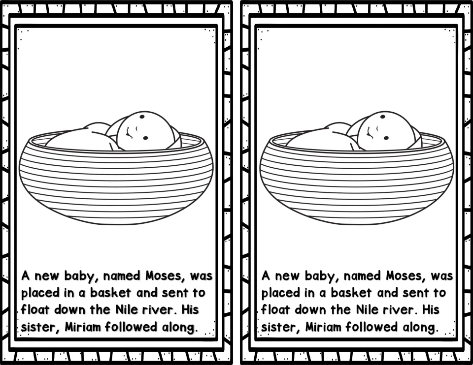 Moses reader story page 2: baby Moses floats down the Nile in a basket as Miriam follows, printed twice