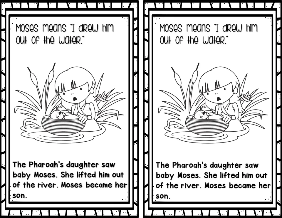 Moses reader story page 3: Pharaoh's daughter lifts Moses from the river and adopts him, printed twice
