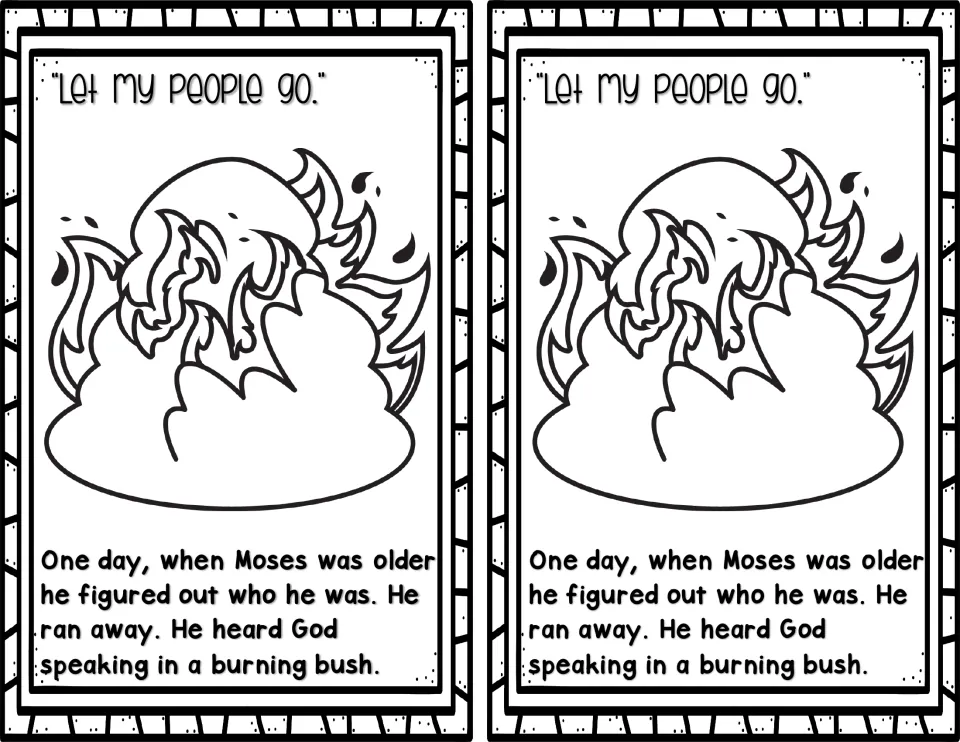 Moses reader story page 4: Moses runs away and hears God speaking from a burning bush, printed twice