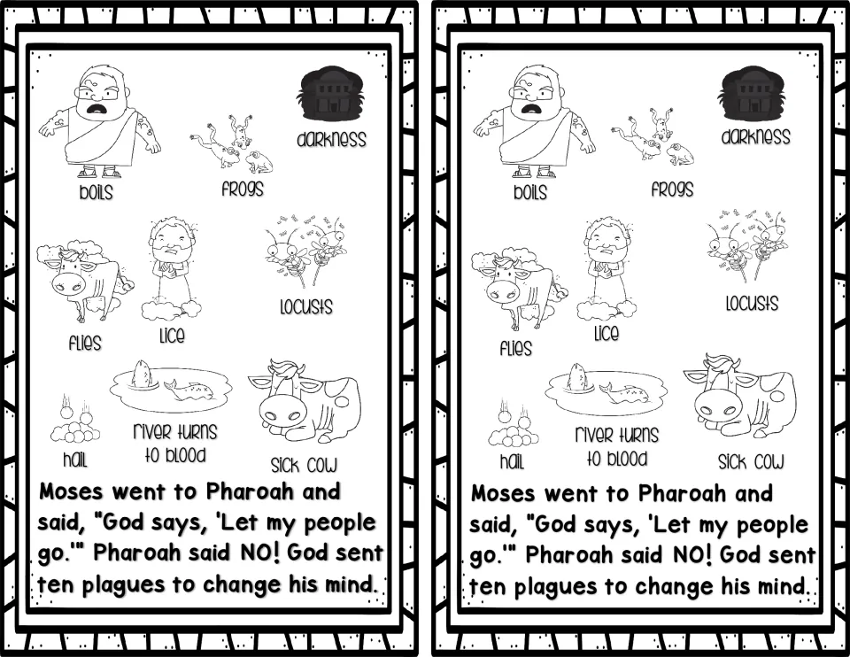 Moses reader story page 5: Pharaoh refuses to free the Israelites, and God sends ten plagues, printed twice