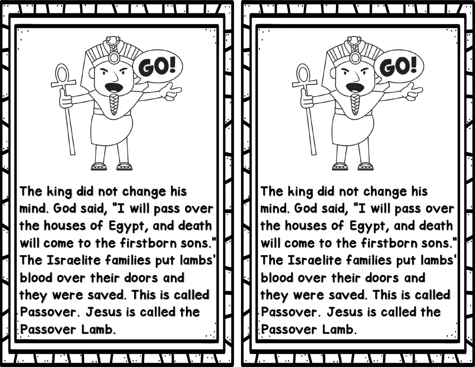 Moses reader story page 6: lambs' blood protects Israelite families during Passover, printed twice