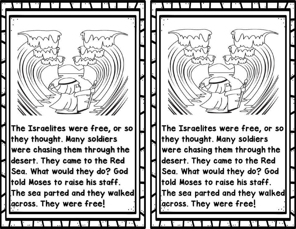 Moses reader story page 7: Moses raises his staff and the Israelites cross the parted Red Sea, printed twice