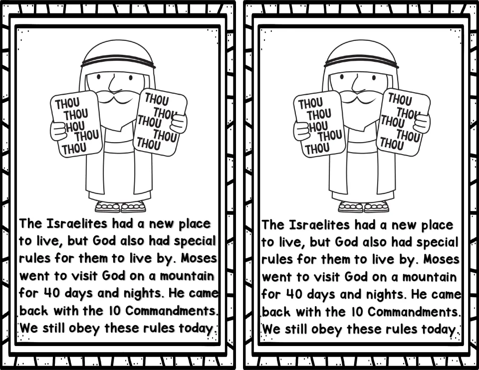 Moses reader story page 8: Moses returns with the Ten Commandments after 40 days and nights, printed twice