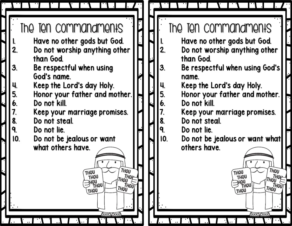 Ten Commandments poster: ten rules including honor your parents, do not steal and do not lie, printed twice