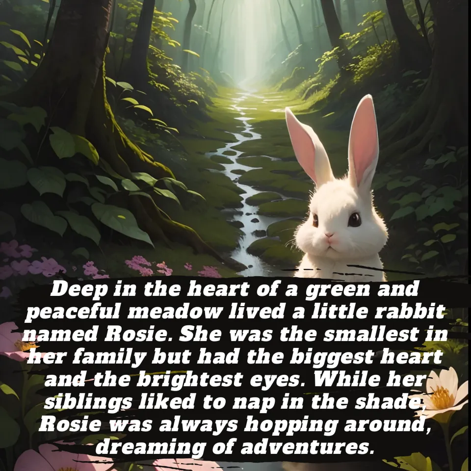 Story page 1 introduces Rosie, the smallest rabbit in her family, shown as a white bunny beside a stream in a forest