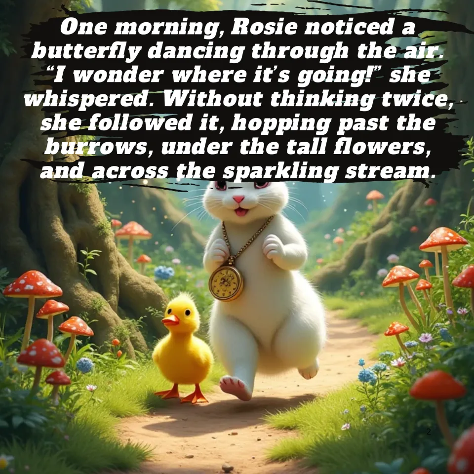 Story page 2: Rosie follows a butterfly past burrows and across a stream; art shows a rabbit and duckling on a path