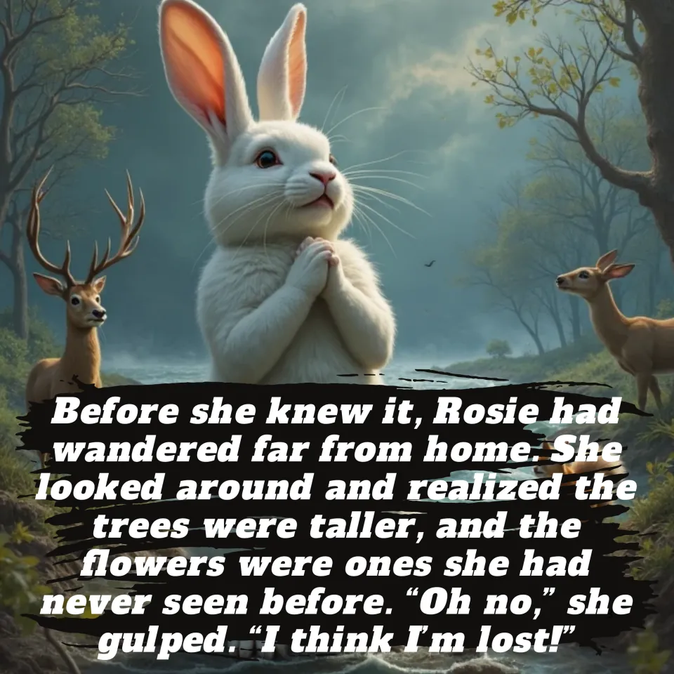 Story page 3: Rosie realizes she has wandered far and is lost; a worried rabbit stands between two deer by a river
