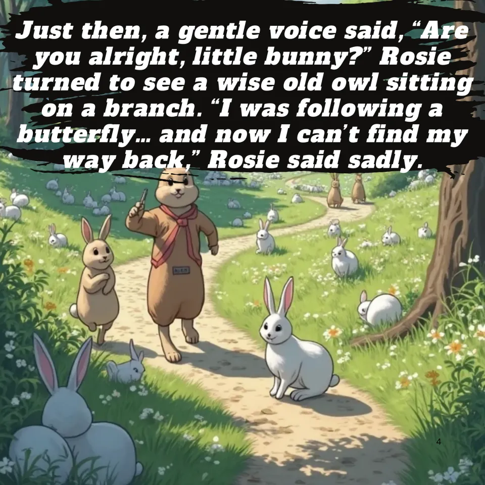 Story page 4: a wise old owl asks if Rosie is alright; she says she chased a butterfly; rabbits fill a meadow path
