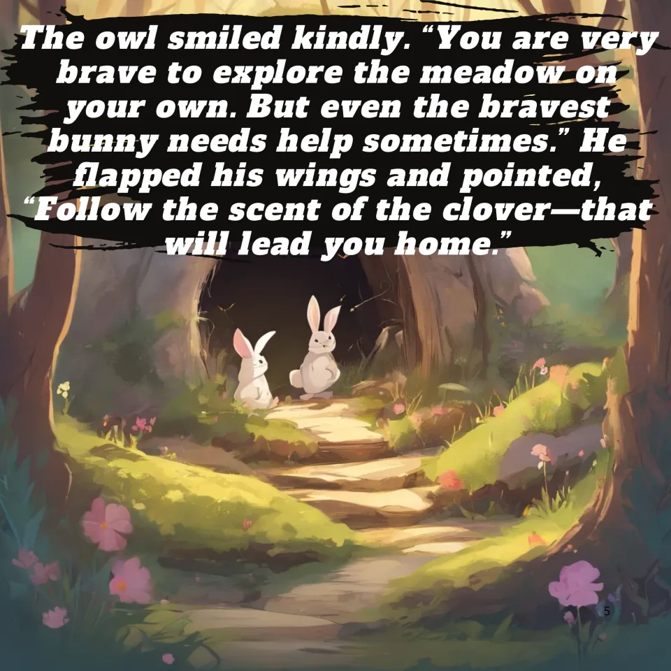 Story page 5: the owl calls Rosie brave and says to follow the scent of clover home; two rabbits sit by a burrow