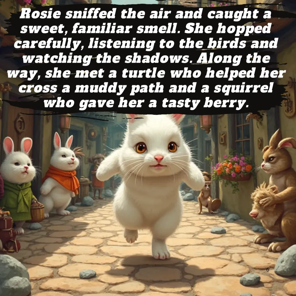 Story page 6: Rosie sniffs her way home as a turtle and squirrel help her; a rabbit hops down a cobbled village street