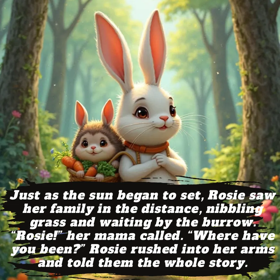 Story page 7: at sunset Rosie finds her family by the burrow and her mama hugs her; two rabbits hold a basket of carrots