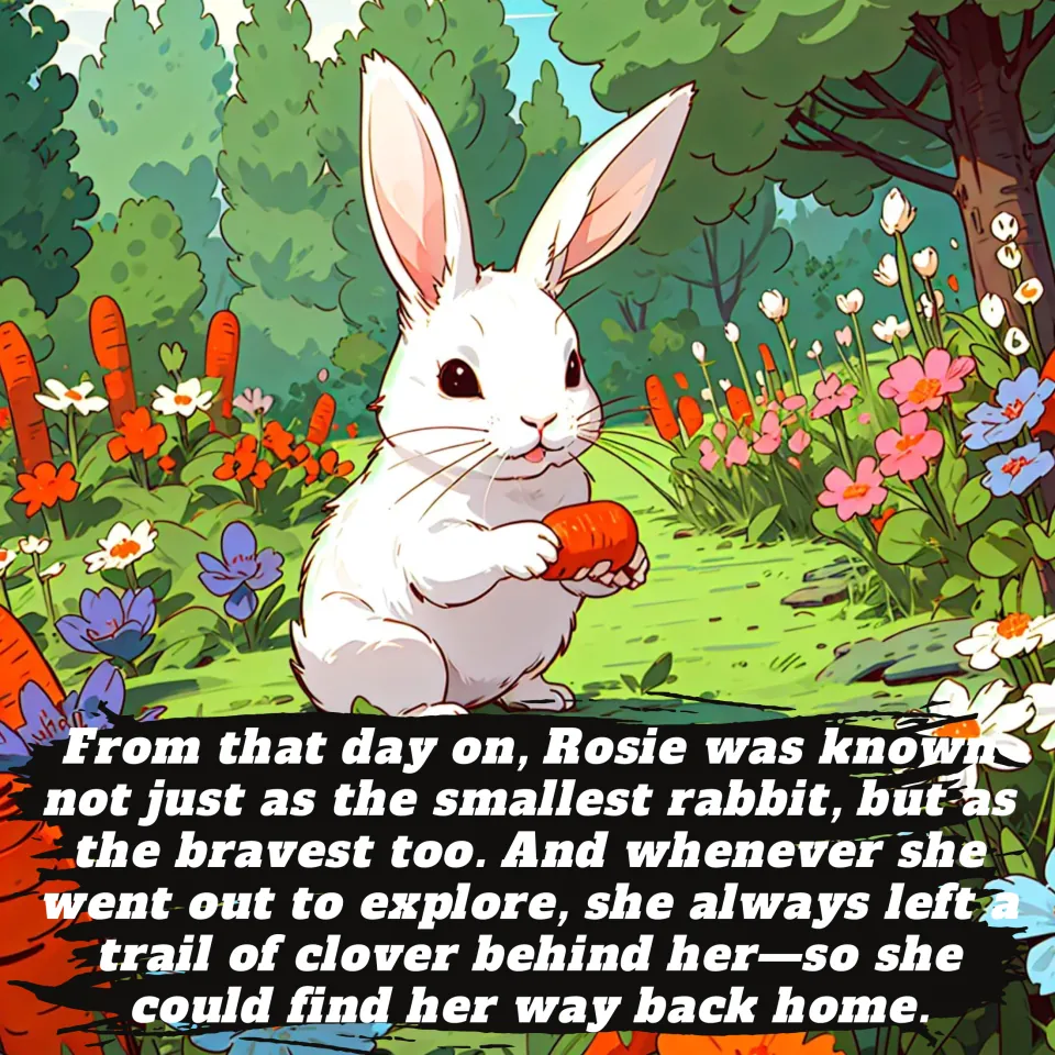 Story page 8 ending: Rosie is now known as the bravest and leaves a clover trail when exploring; a rabbit holds a carrot