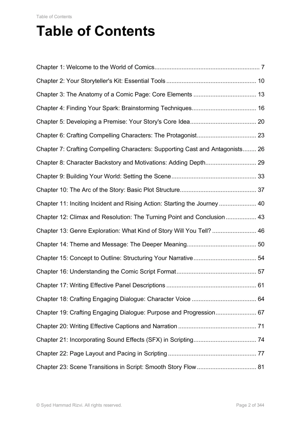 Contents, chapters 1 to 23: comic basics, tools, brainstorming, characters, plot structure, scripting, dialogue and SFX