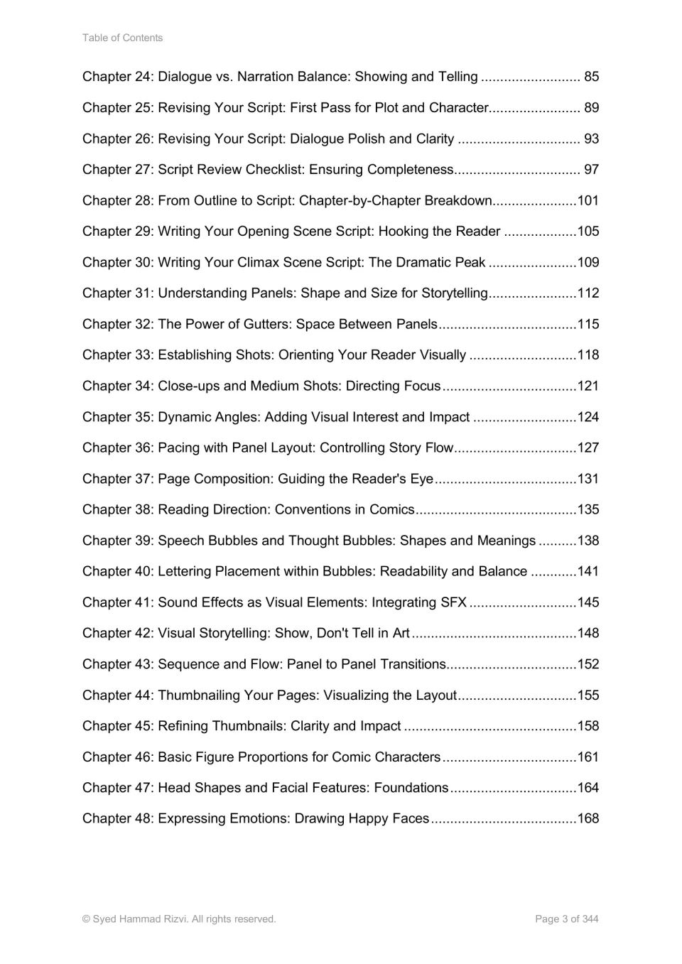 Contents, chapters 24 to 48: script revision, panels, gutters, camera shots, speech bubbles, thumbnails and drawing faces