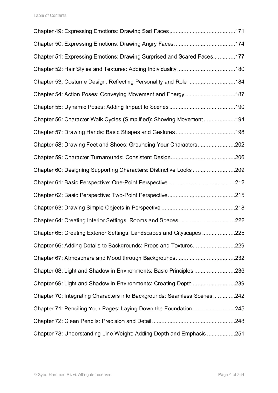 Contents, chapters 49 to 73: drawing emotions, poses, hands, perspective, backgrounds, light and shadow, and penciling