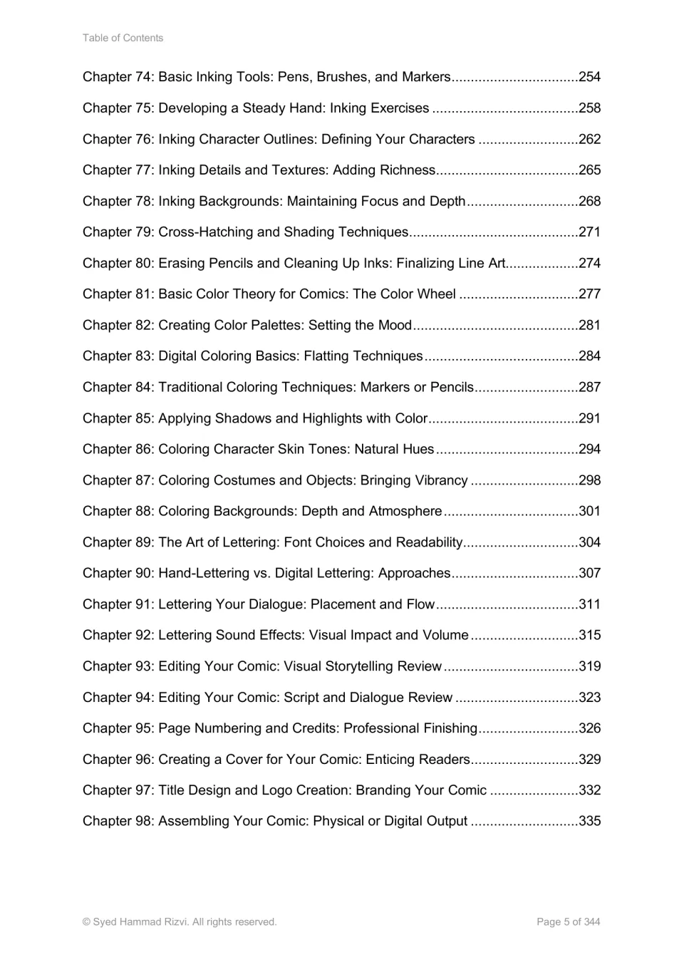 Contents, chapters 74 to 98: inking tools, cross-hatching, color theory, coloring, lettering, editing and comic covers
