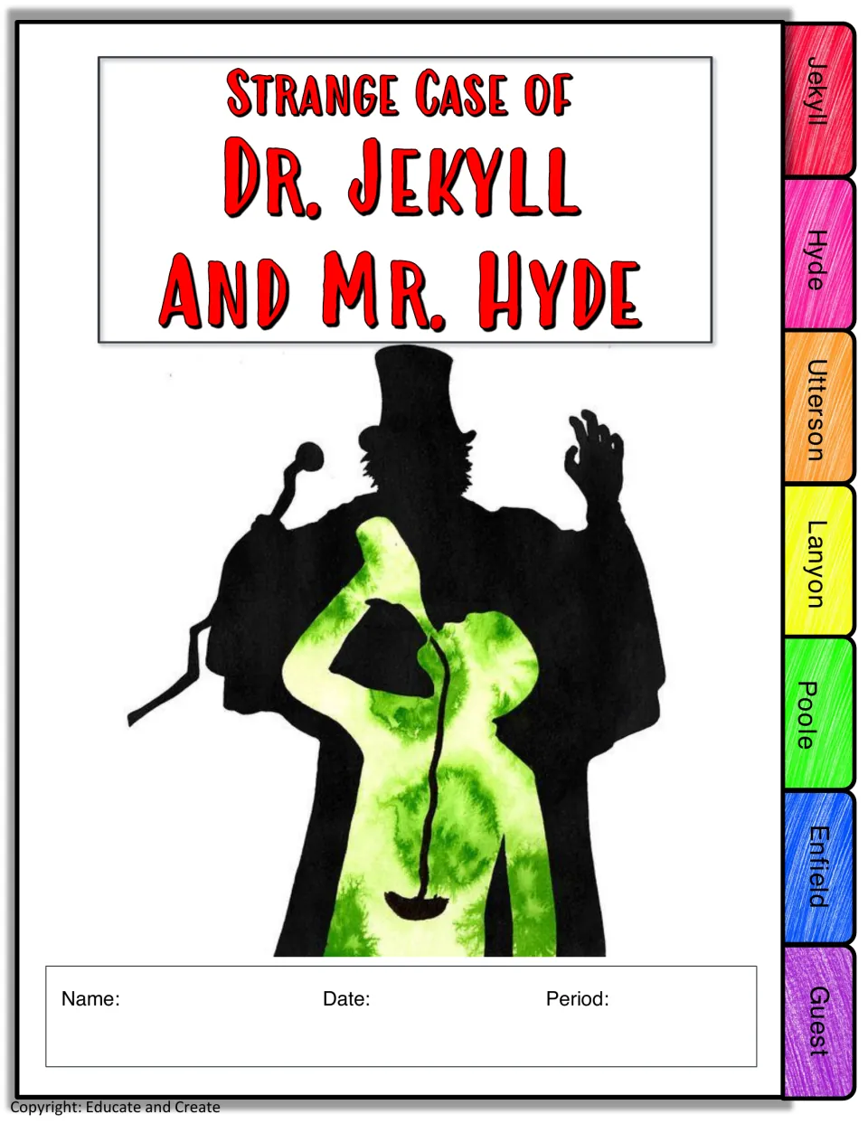 Flipbook cover for Strange Case of Dr. Jekyll and Mr. Hyde with a two-figure silhouette and seven character name tabs