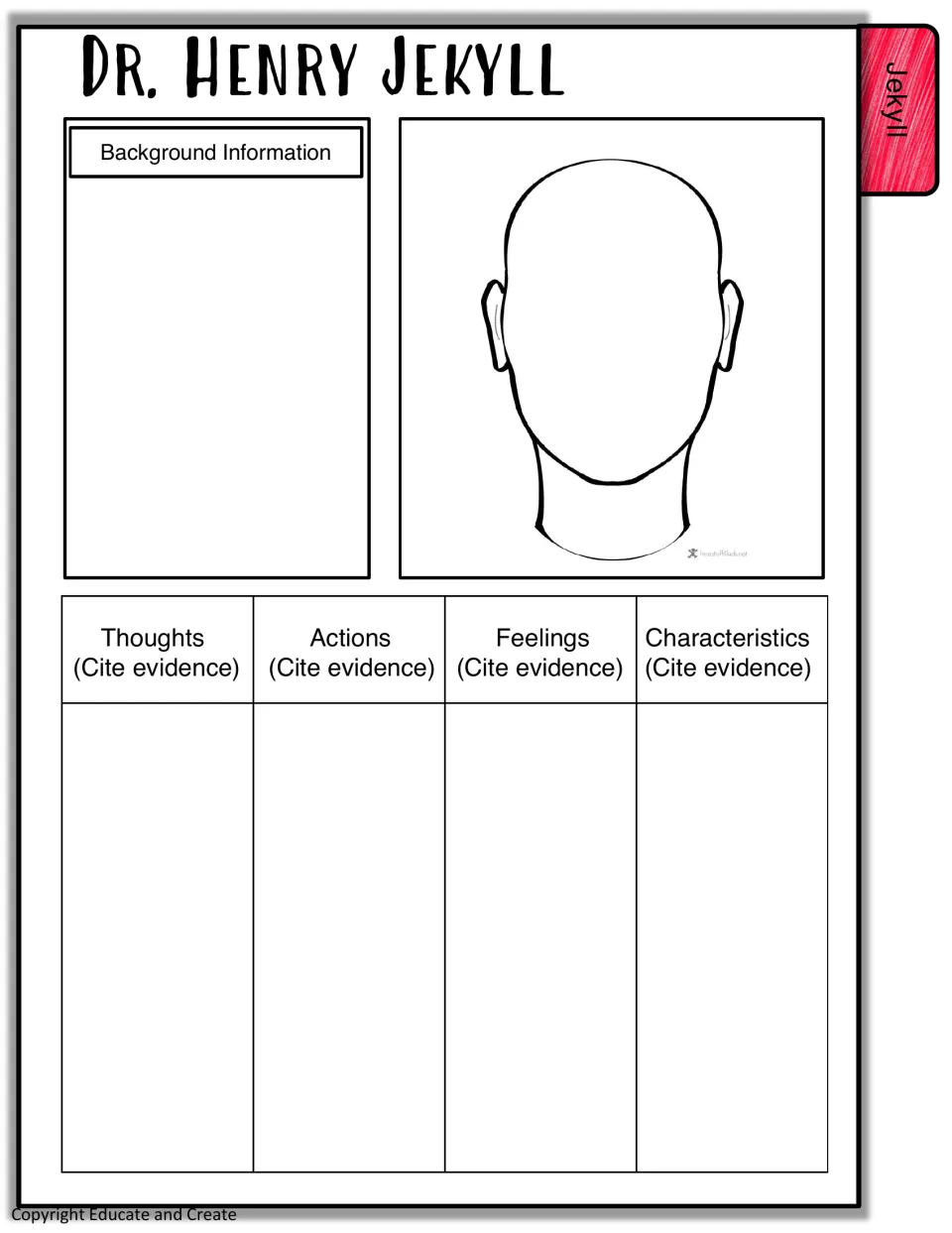 Dr. Henry Jekyll profile: students note background, draw his face and cite evidence of his thoughts, actions and feelings