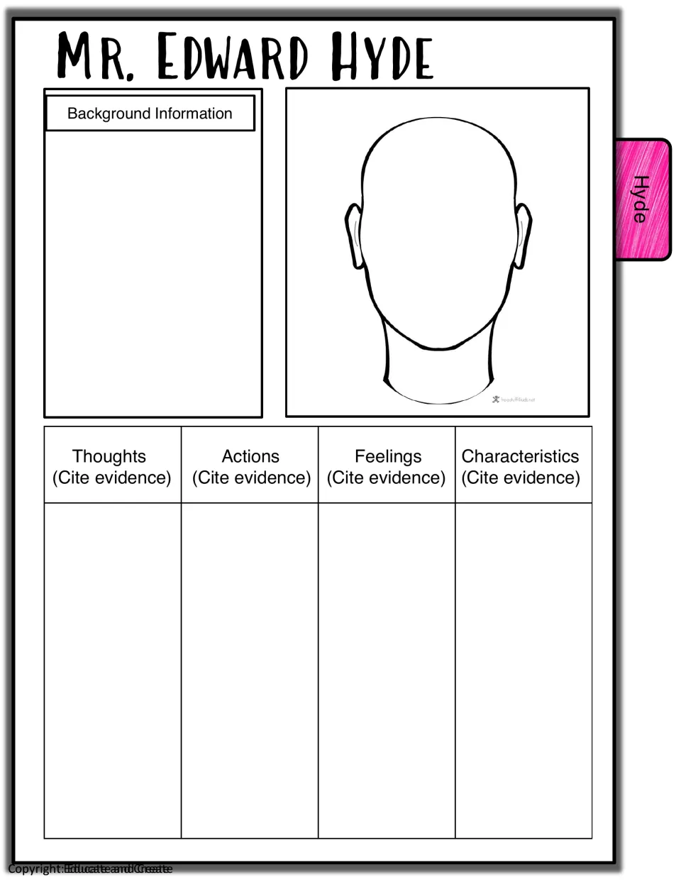 Mr. Edward Hyde profile: students record background, sketch his face and cite text evidence for his traits and actions