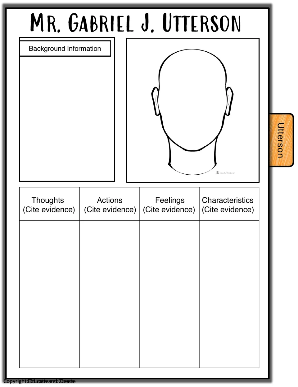 Mr. Gabriel J. Utterson profile: students note background, sketch his face and cite evidence of his feelings and traits