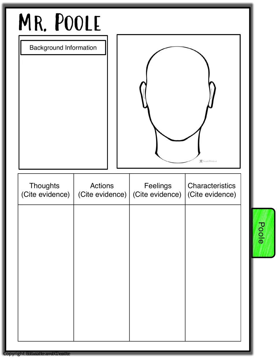 Mr. Poole profile: students write background details, sketch his face and cite evidence of his thoughts and feelings