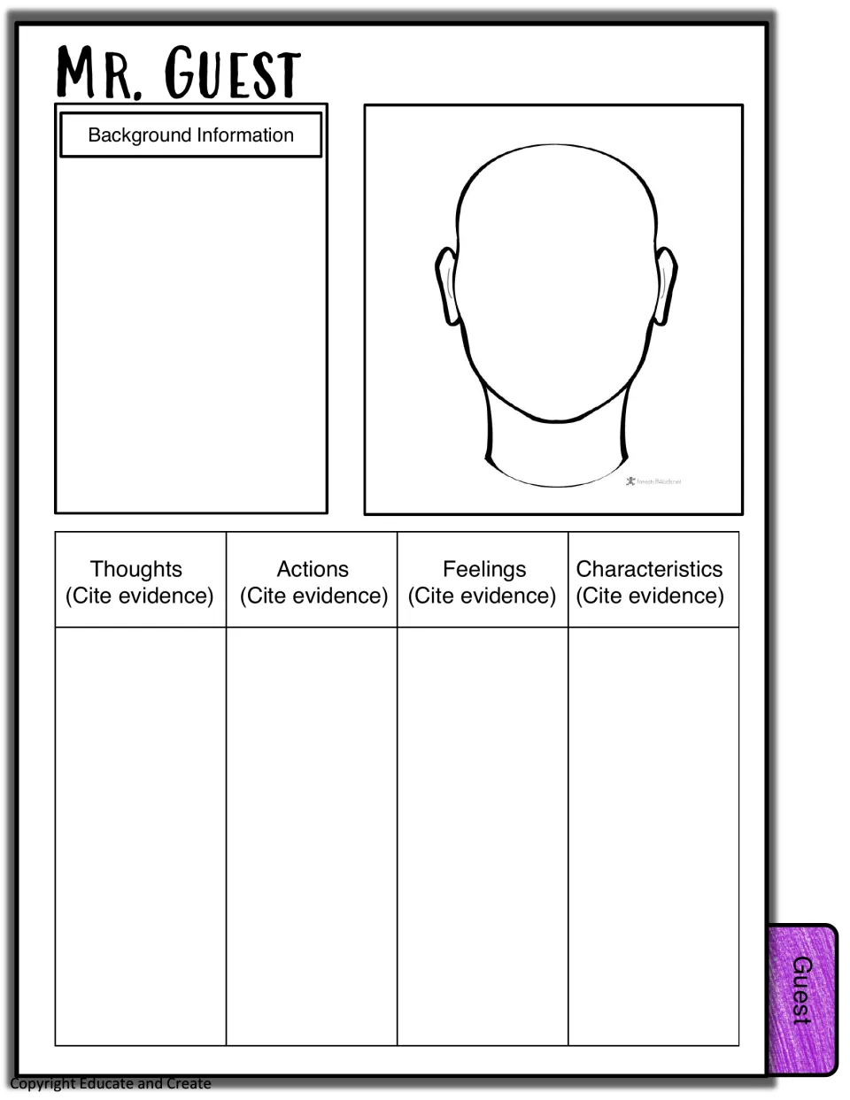 Mr. Guest profile: students record his background, sketch a portrait and cite evidence of his thoughts and traits