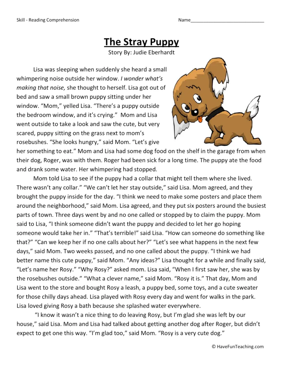 Reading passage about Lisa and Mom finding a brown puppy, searching for her owner, and naming her Rosy.