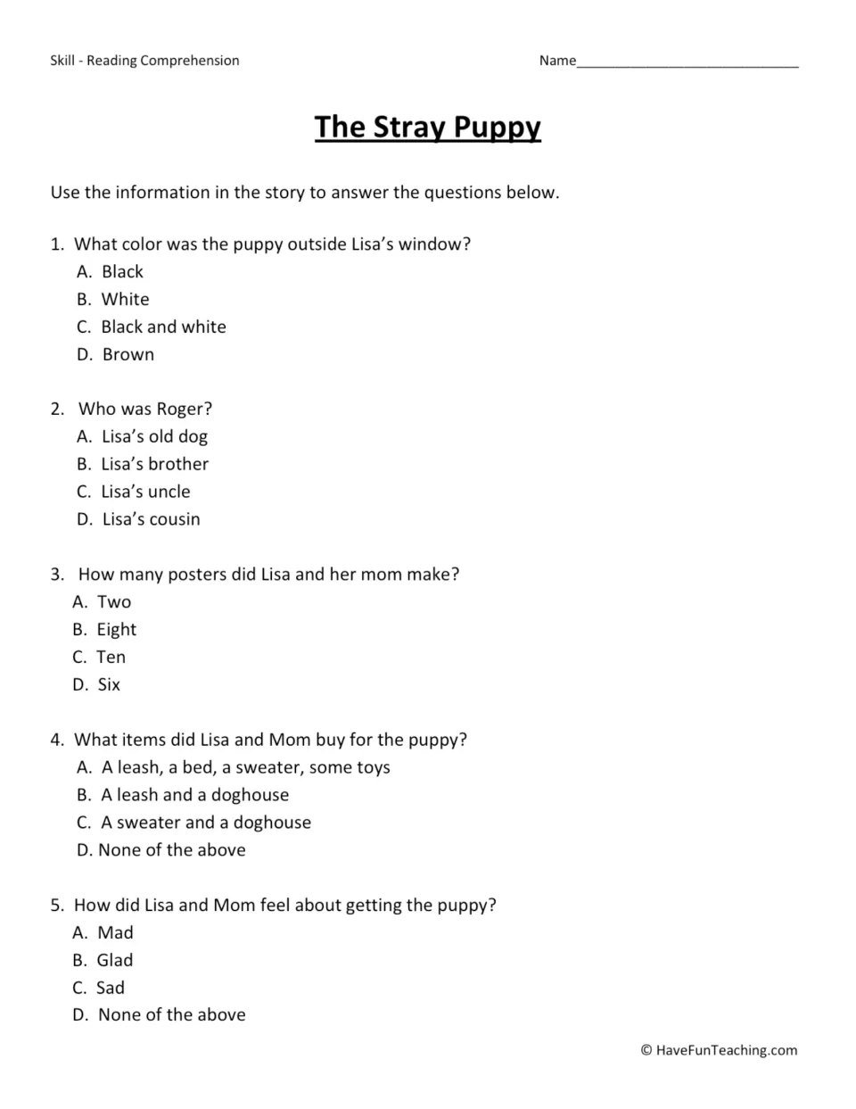 Five multiple-choice questions about the puppy's color, Roger, posters, supplies, and Lisa and Mom's feelings.