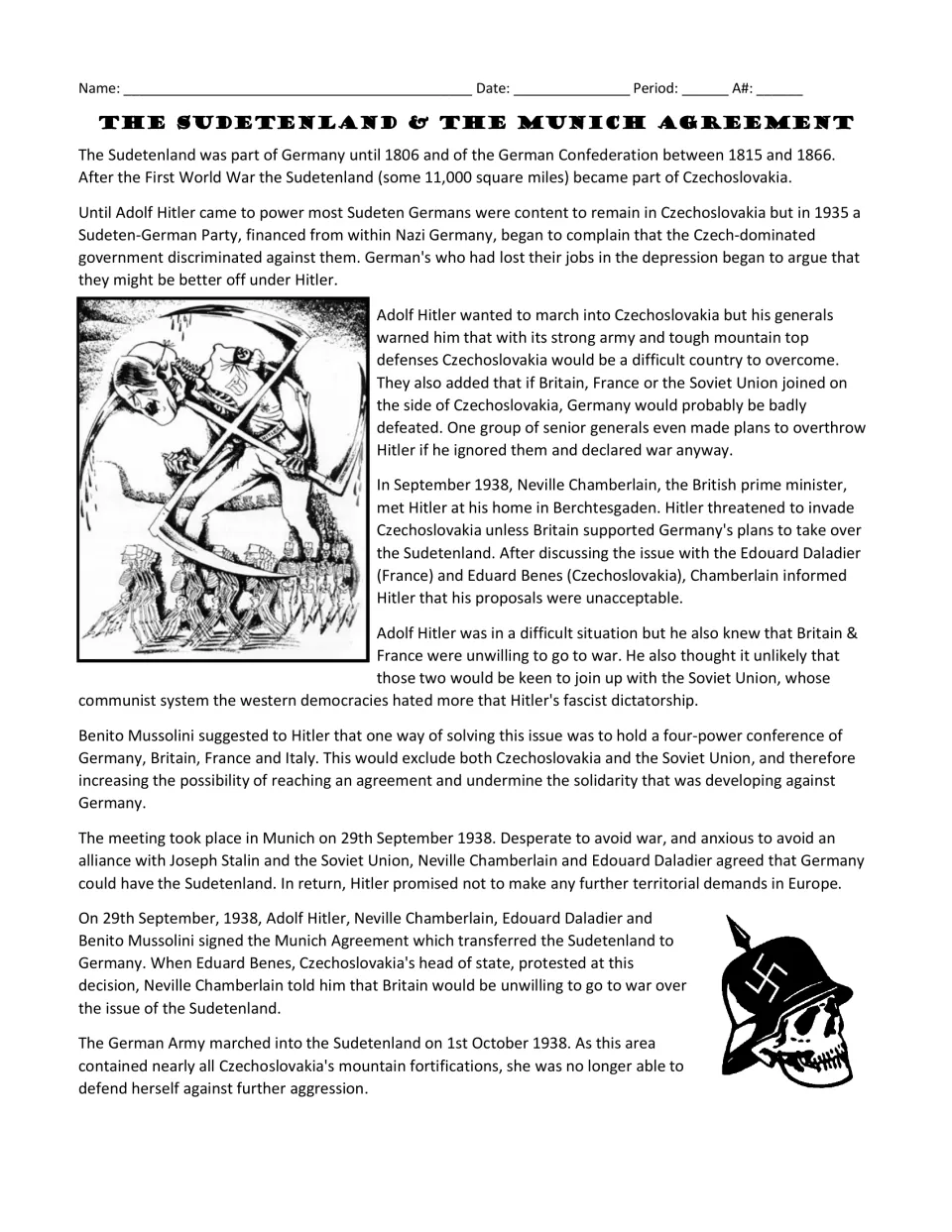 Sudetenland and Munich Agreement reading: students read how Hitler, Chamberlain and Mussolini settled the 1938 crisis