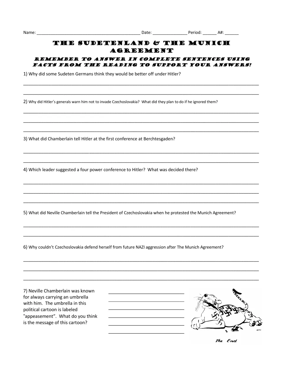Munich Agreement questions: students write 7 full-sentence answers using the reading and interpret an appeasement cartoon