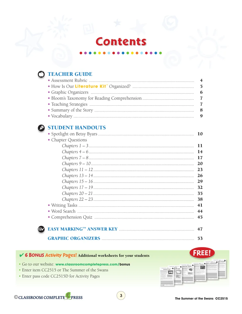Table of contents: teacher guide, chapter 1–23 handouts, writing tasks, word search, quiz, answer key, organizers