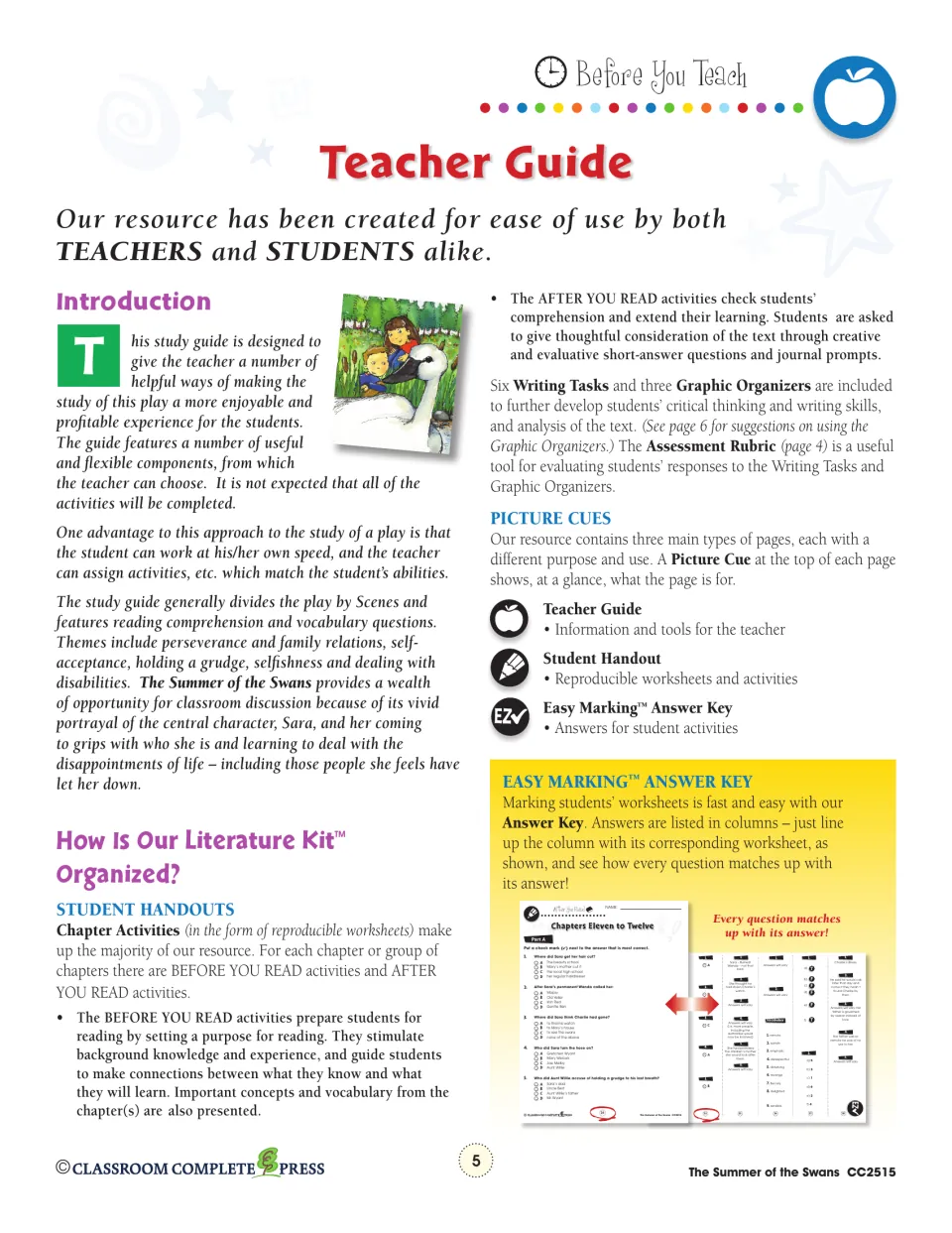 Teacher guide intro explaining Before You Read and After You Read activities, picture cues and the answer key