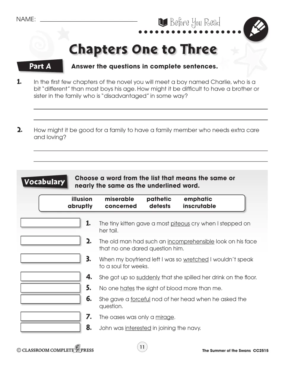 Chapters 1–3 Before You Read: two family questions plus 8 synonym items using pathetic, abruptly, detests