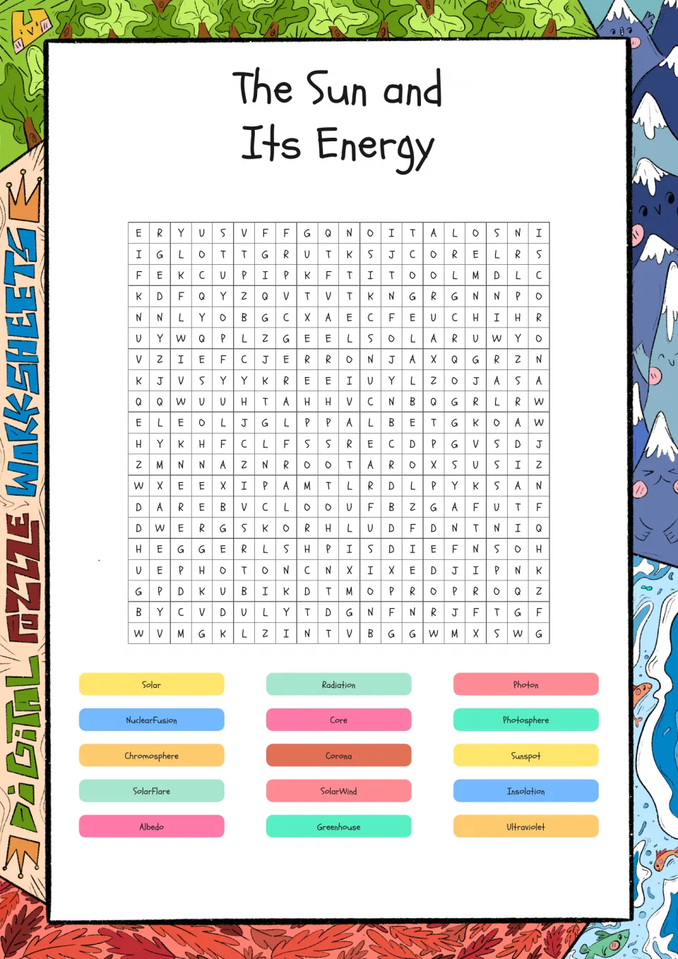 Sun and its energy word search: students find 15 terms such as photosphere, corona, solar flare and albedo