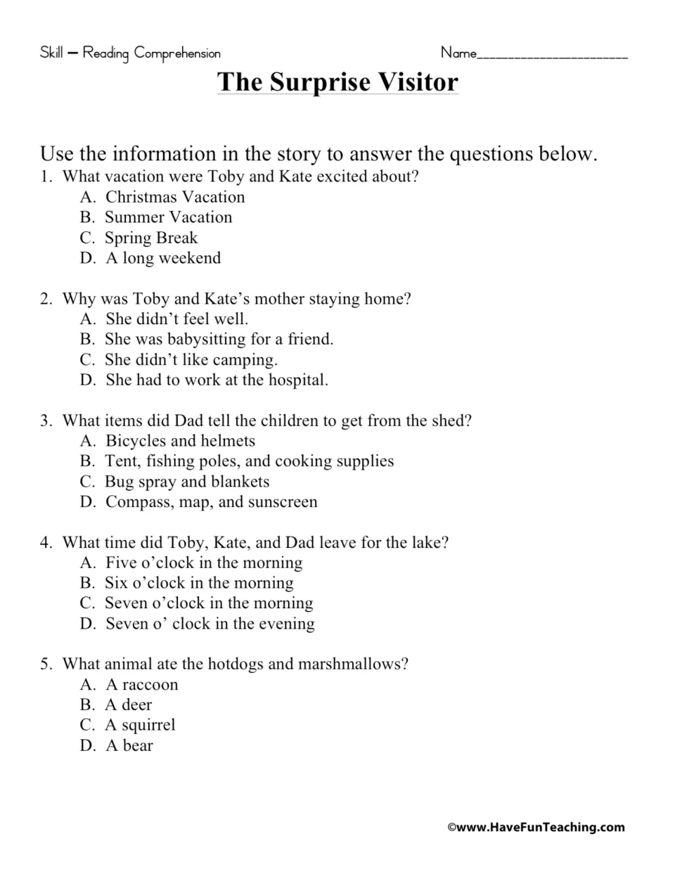 Five multiple-choice story questions cover spring break, Mom’s absence, supplies, departure time, and a raccoon.