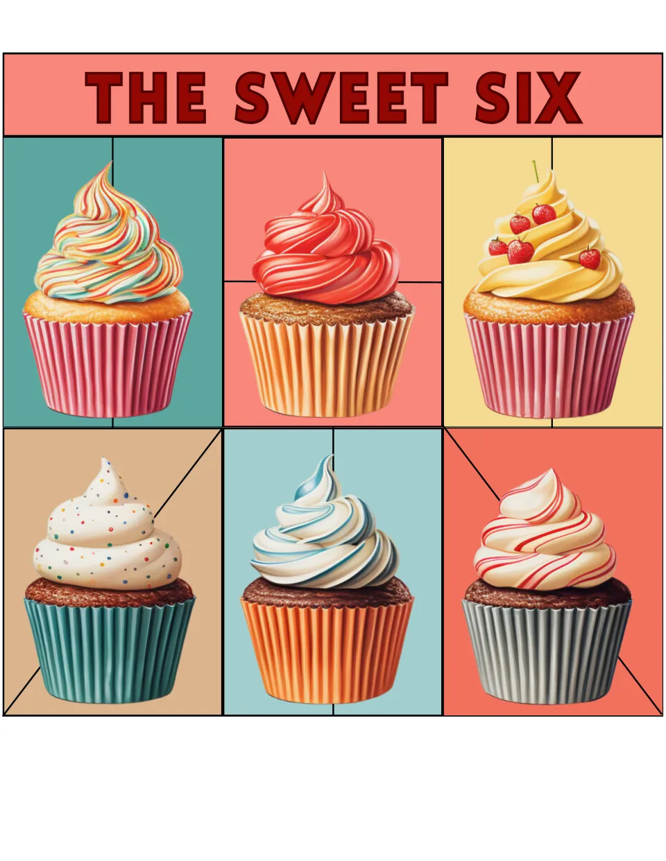Cupcake puzzle template to cut into 13 pieces, featuring six cupcakes with rainbow, red, and striped frosting.