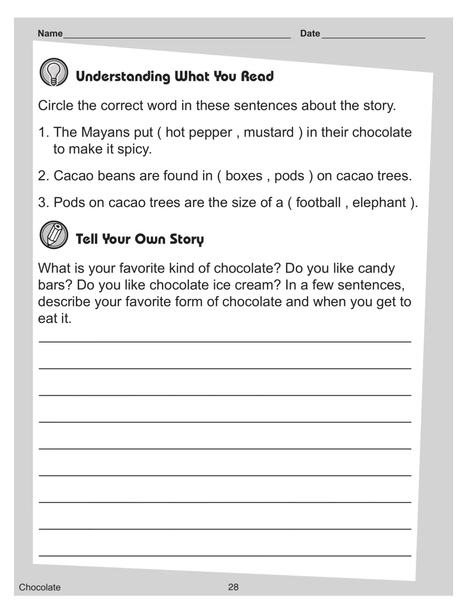 Comprehension: circle the word in 3 sentences (hot pepper or mustard), plus writing about your favorite chocolate