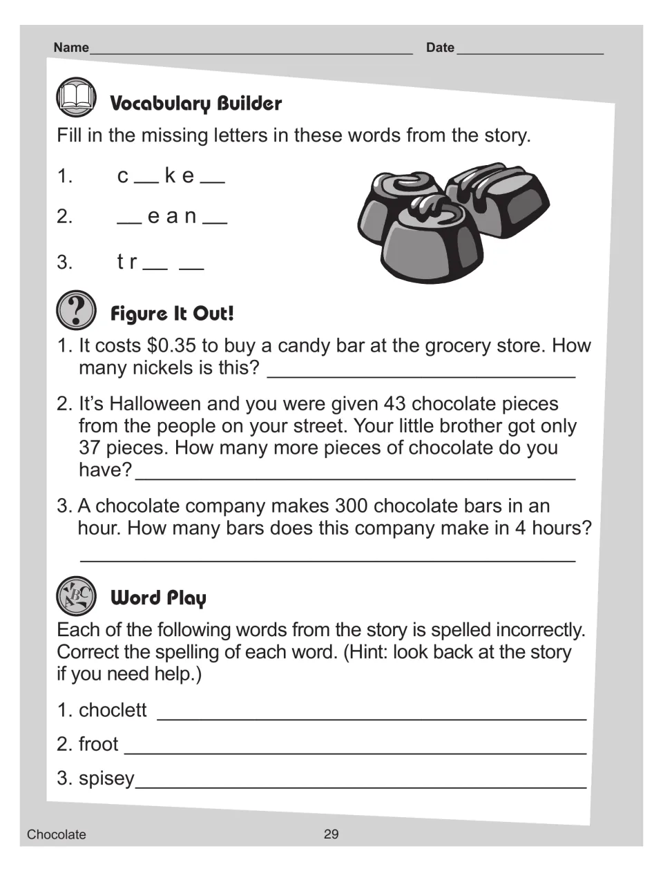 Missing-letter words, three chocolate math story problems, and misspellings like 'choclett' to fix