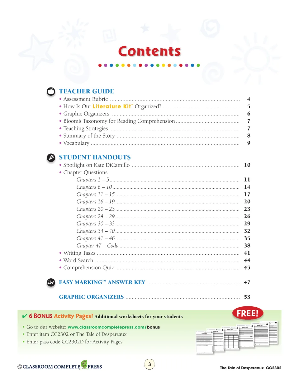 Literature kit contents lists teacher guidance, chapter questions, writing tasks, a quiz, and an answer key