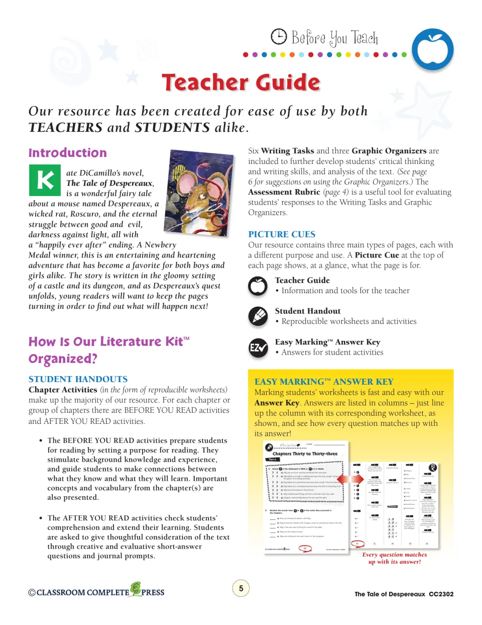 Teacher guide explains before- and after-reading activities, six writing tasks, and how to use the answer key