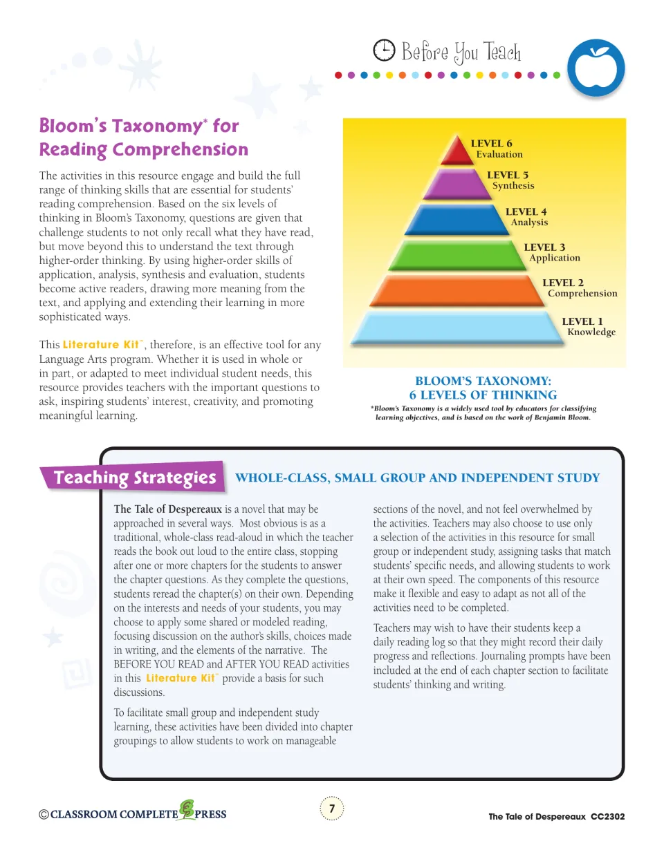 Teacher guide explains six Bloom's thinking levels and strategies for whole-class, small group, and solo study