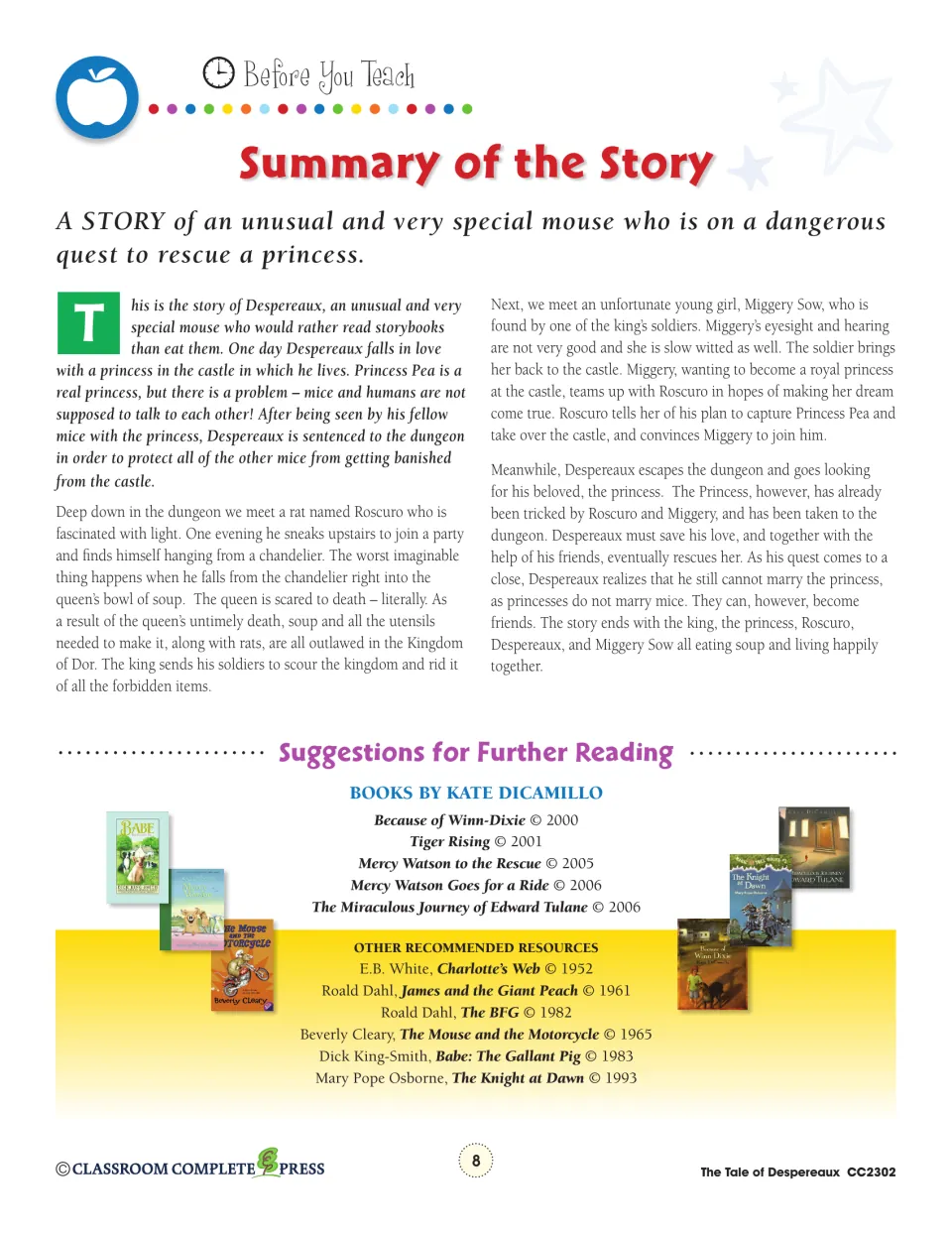 Teacher story summary follows Despereaux's rescue quest, Roscuro's scheme, and Miggery Sow's wish to be a princess