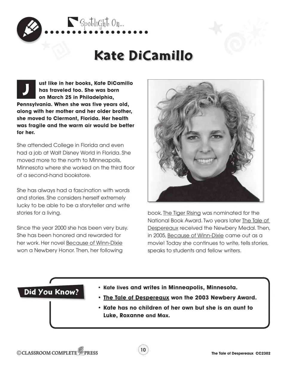 Author spotlight introduces Kate DiCamillo through her childhood, jobs, writing career, books, and portrait