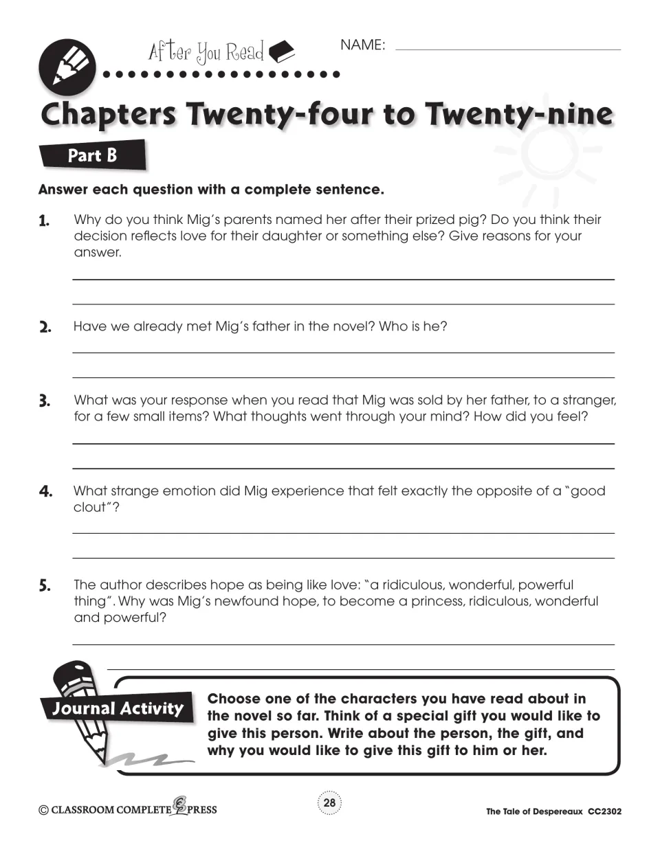 Chapters 24–29 response handout asks five questions about Mig and adds a journal prompt about a character's gift
